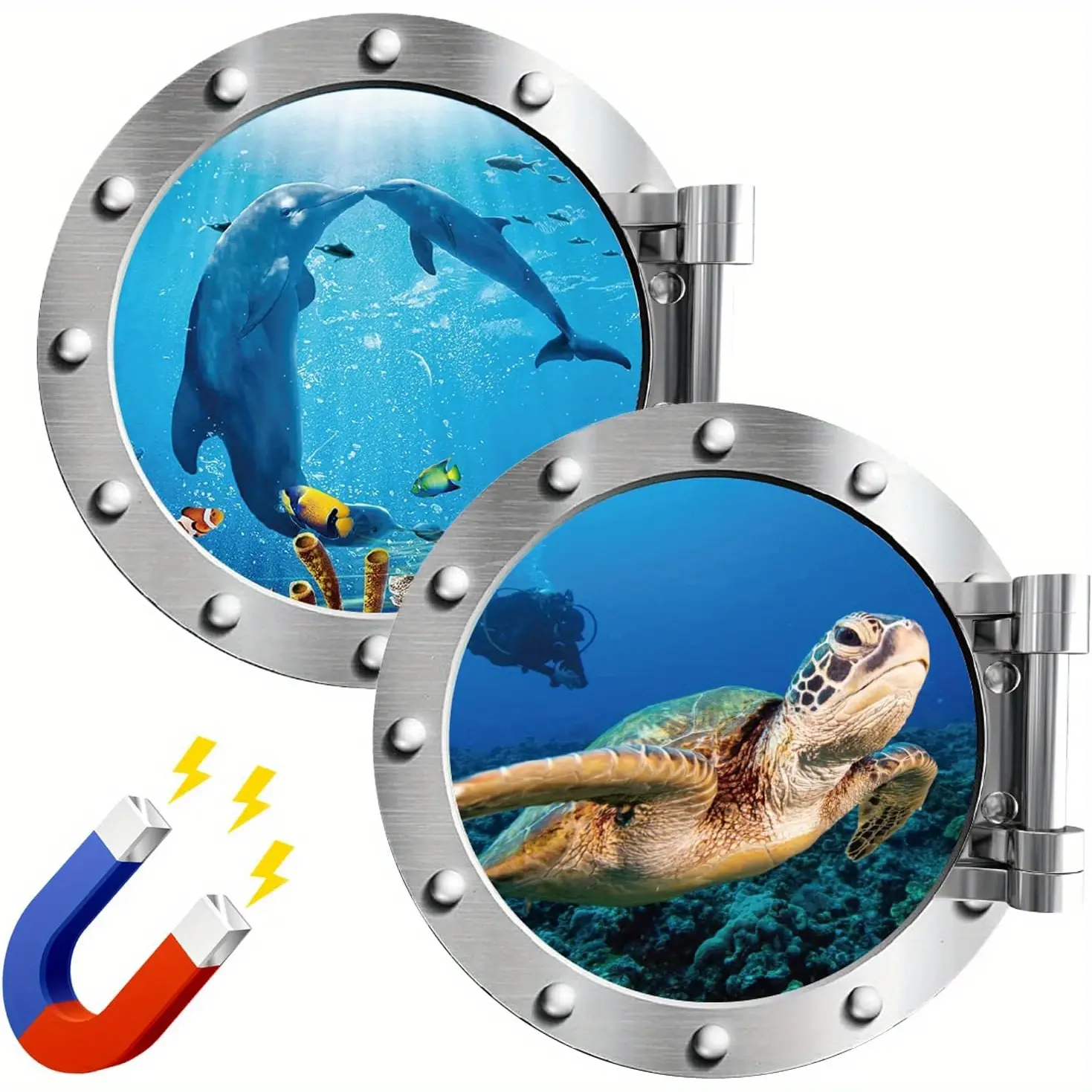 2 Pcs Cruise Door Decorations Magnetic Cruise Porthole Magnets 10 Inch Set Palm Tree Island Sea Turtle Dolphin Ocean Nature Landscape Decoration for Cruise Door Refrigerator Car Door
