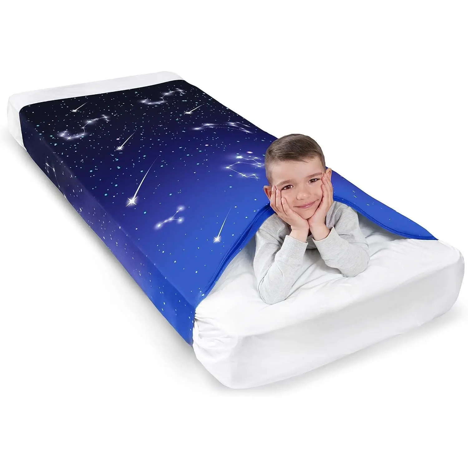 Sensory Compression Blanket | Spandex Bed Sheet for Kids & Adults | Deep Relaxing Feeling, Release Oxytocin | Helps With: SPD, Anxiety, ADHD, Autism | Star Theme | Breathable & Stretchable | Twin