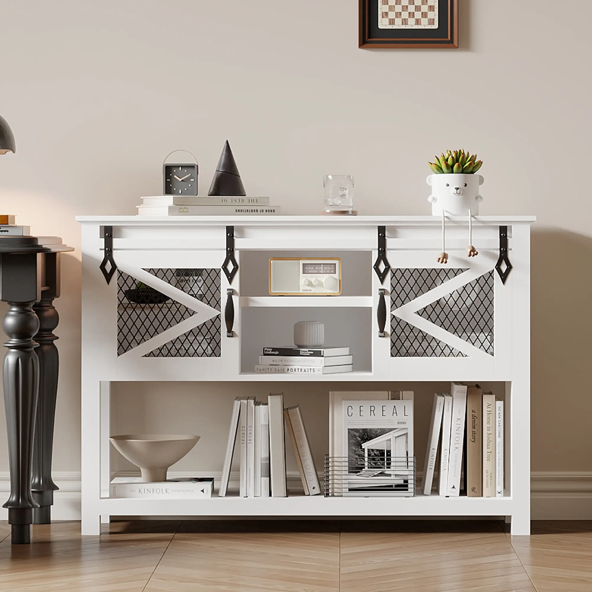 46” White Farmhouse Console Table with Sliding Barn Doors, Narrow Rustic Sofa Table with Storage Shelves, Stylish Entryway Home Furniture