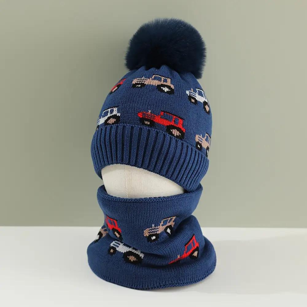 2pcs Boys' Winter Warm Hat & Scarf Set with Truck & Car Winter Adventure Print - Thick Knit Balaclava & Beanie, Elastic Fit for Outdoor Play, Christmas & Thanksgiving Outfits, Cozy Cold-Weather Clothing (Light Grey, Navy, Red, Blue, Black) - Hand Washable