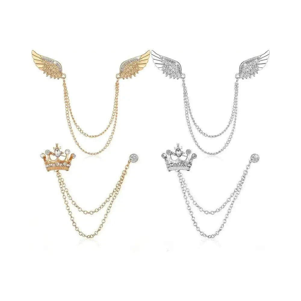 Vintage Wing Crown Tassel Chain Lapel Pins 4 Pack, ~14g Per Piece, Multi-Occasion Decor Brooches for Men Suit Tuxedo Wedding Halloween Office