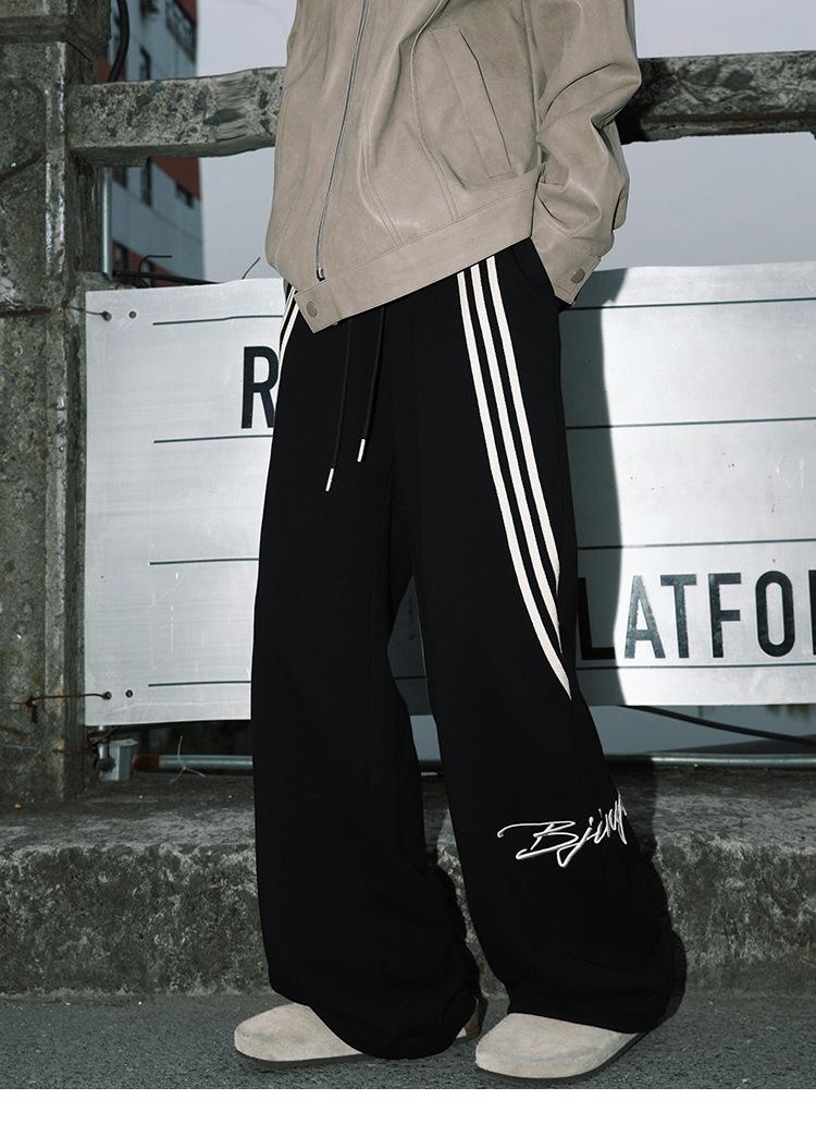 YYK Brand: Men's American Retro Casual Pants - 3-Stripe Design with 3D Waistband Trim; Spring/Autumn Straight-Leg, Loose-Fit Athletic Sweatpants