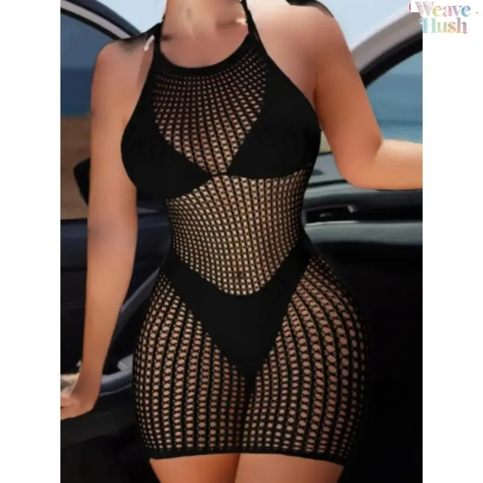 Women's 2-Piece Solid Halter Neck Beachwear Cover Up Dress - Fishnet Mesh, Jacquard Knit, Snug Stretch, Hollow Out Sheer Backless Tie-Back, Stylish Women's Wear, Summer Poolside Swimwear, Figure-Flattering Slim Fit (Sports & Outdoor Clothing), Women 2 Set