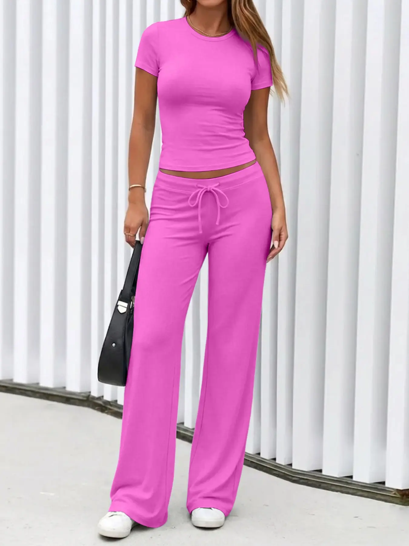 Lw Zillionaires Multi Color Basic Round Neck Short Sleeve Slim Crop Top & Elastic Drawstring Flare Leg Pants 2 Piece Set, Lightweight Soft Knit Loungewear Tracksuit, Casual Loungewear Sets, Versatile Everyday Casual Outfit for Women