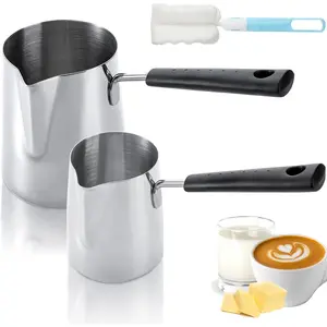 Dicunoy Set of 2 Milk Butter Warmer Pot, 12oz/22oz Turkish Coffee Pot, Stovetop Chocolate Melting Pan, Cezve Ibrik Briki Greek Arabic Coffee Maker for Maple Syrup, Sauce Heating, 18/8 Stainless Steel