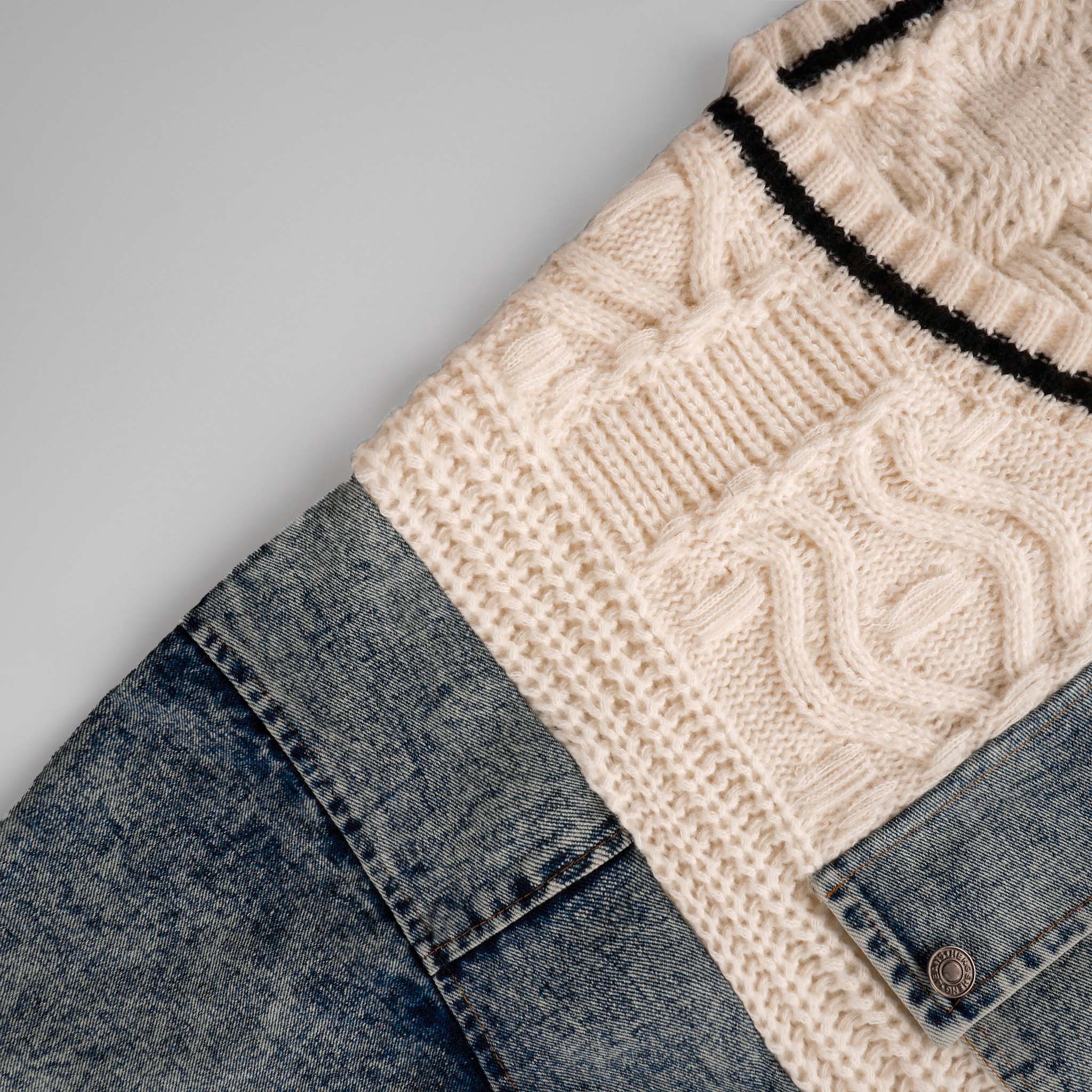 LikeMyChoice Unique Denim Patchwork Cable Knitted Coat Soft Breathable Medium Fit Sweater Jacket for Casual Outings Women's Knitwear Cardigan