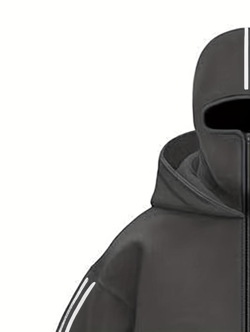 1pc TNZI men's full zipper windproof mask hoodie long-sleeved jacket versatile and fashionable urban style, with zippers and pockets - warm, windproof and durable, suitable for daily or outdoor autumn/winter wear