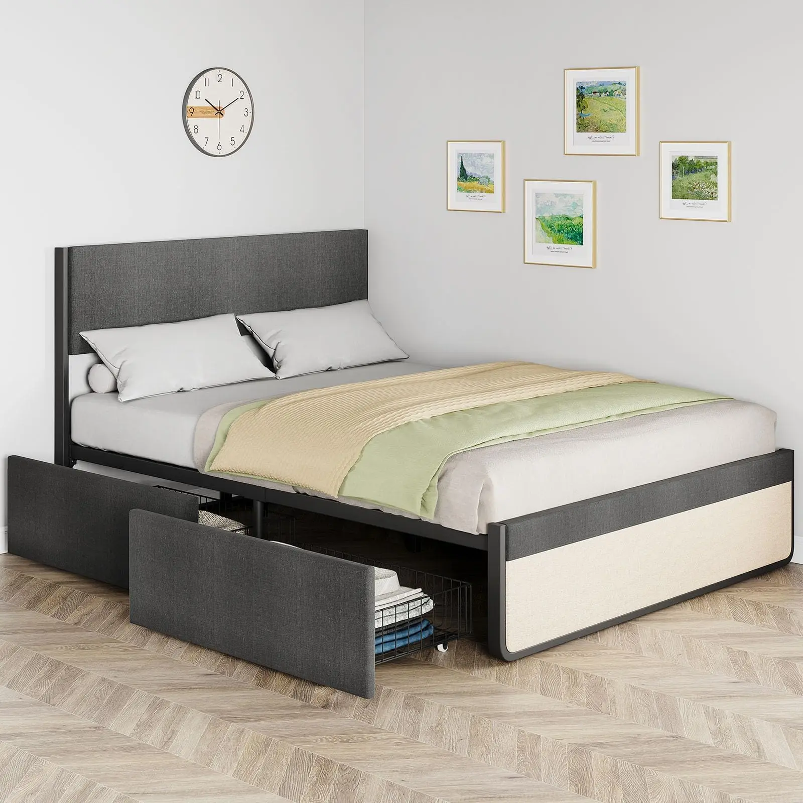 GARVEEQueen Size Bed Frame with Headboard and 2 Storage Drawers, Mattress Foundation No Box Spring Needed Noise Free, Platform Bed Frames with Metal Slats Support, Easy Assembly, Grey Linen