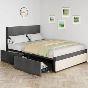 GARVEEQueen Size Bed Frame with Headboard and 2 Storage Drawers, Mattress Foundation No Box Spring Needed Noise Free, Platform Bed Frames with Metal Slats Support, Easy Assembly, Grey Linen