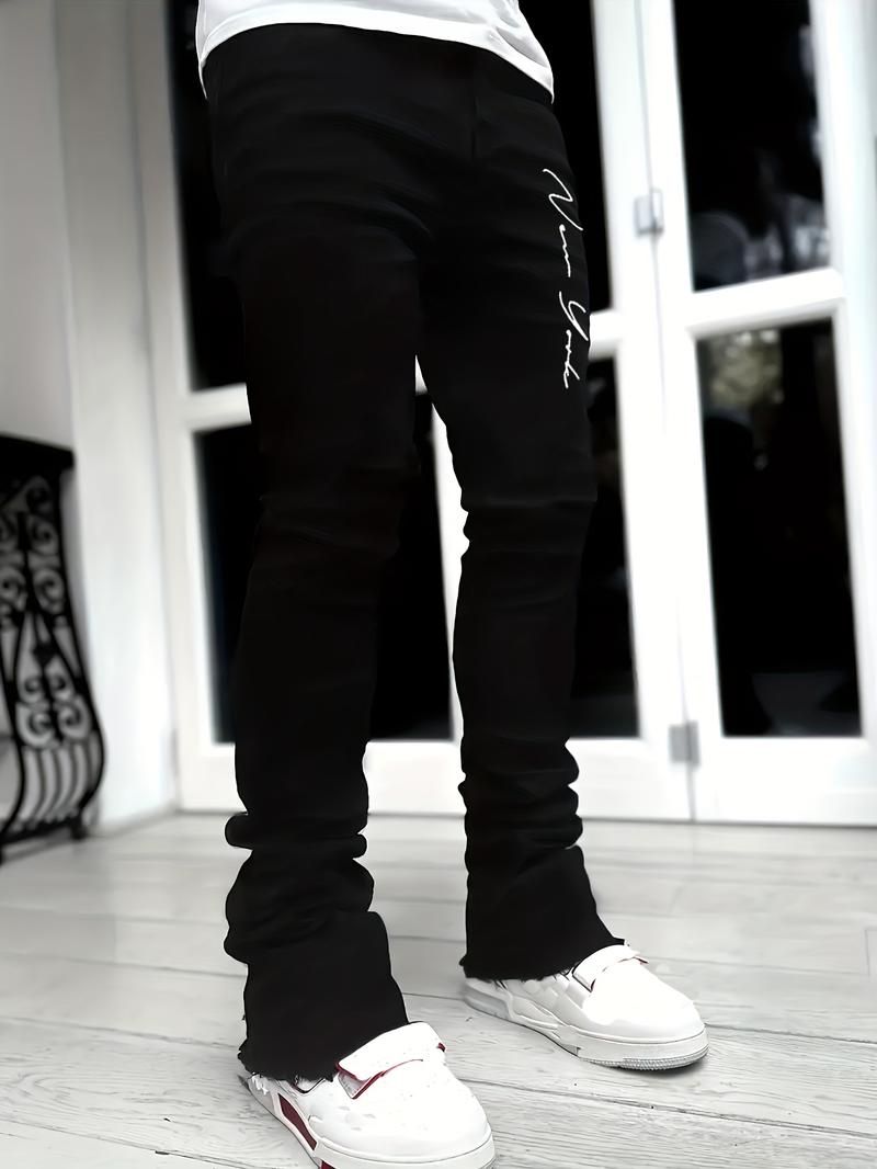 Men's Regular Fit Letter Print Flare Leg Jeans, Street Fashion Casual Comfy Denim Pants for Daily Wear, Mens Bottoms for All Seasons