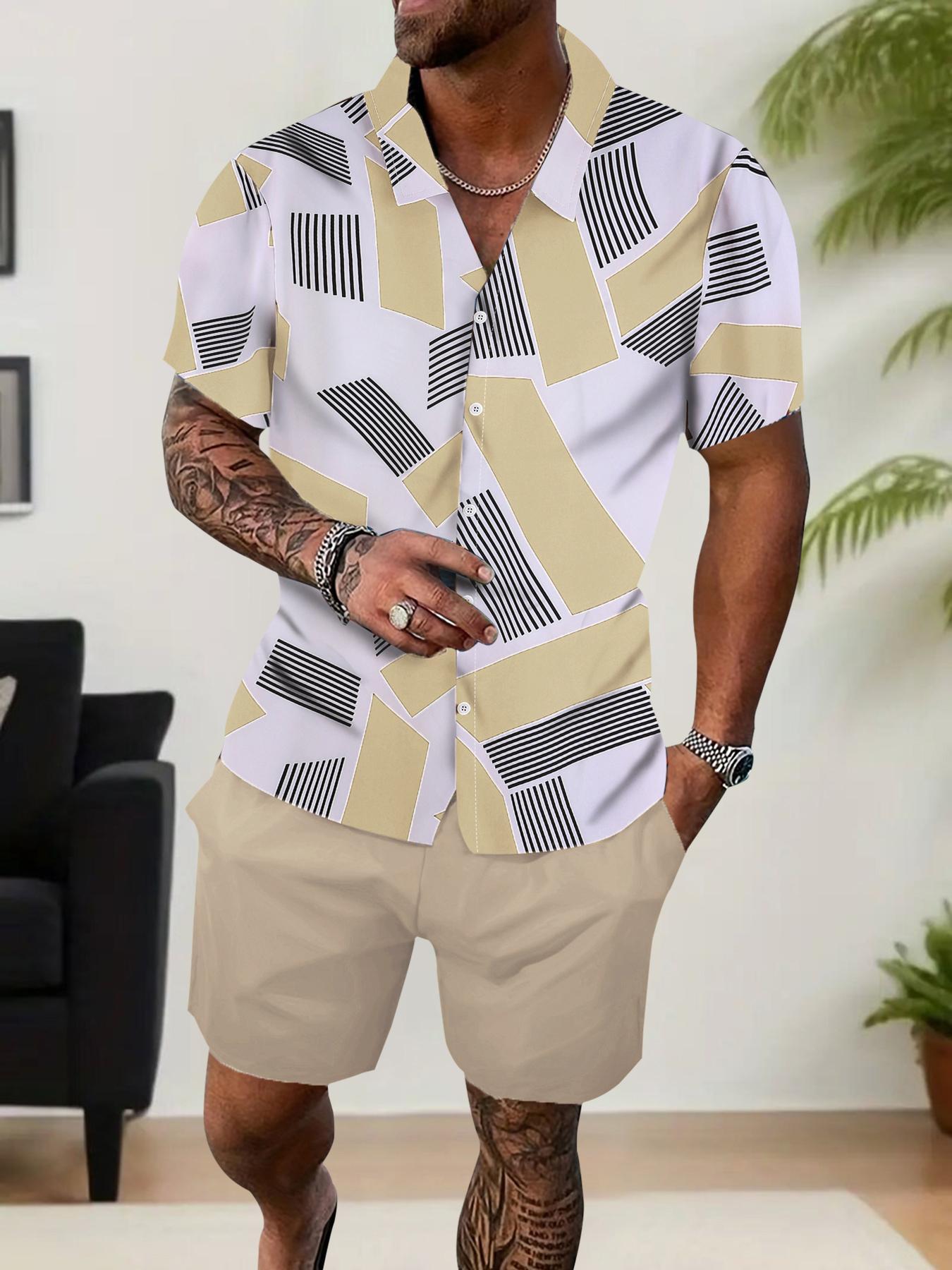 Men's Geometric Print Top & Drawstring Waist Shorts Loungewear Two-piece Set, Regular Fit Relaxed Casual Comfy Short Sleeve Top & Pocket Shorts Set, Men's Sleepwear for Summer, Pajamas