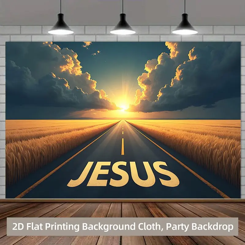 Polyester Inspirational Sunrise Road Tapestry Wall Hanging - "JESUS" Text, Golden Wheat Fields, Dramatic Sky - Indoor Decoration, Ideal Gift for Home, Office Decor