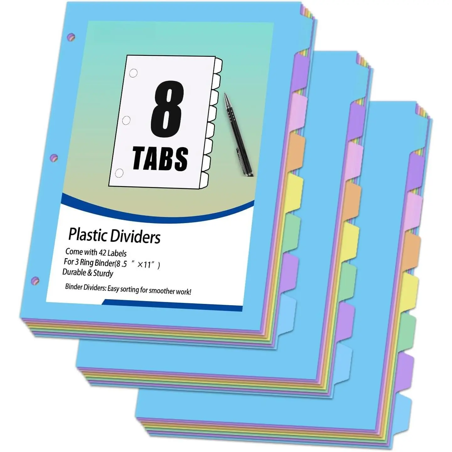 24 count/3 Sets Binder Dividers for 3 Ring Binder,8 Tab Plastic Dividers with Tabs, Pastel Color File Dividers, Notebook Dividers for School, Office
