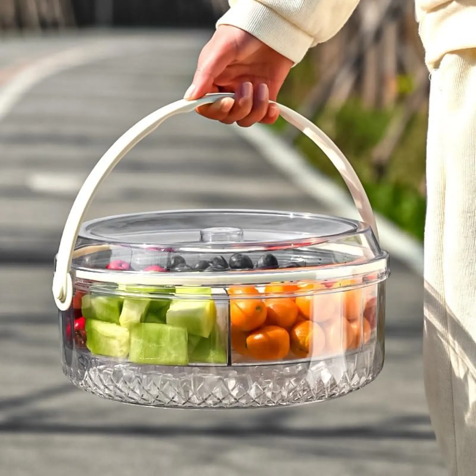 5-Compartment Divided Serving Tray with Lid & Handle, Clear Plastic Food Container with Ice Storage for Fruit, Veggies, Parties, Picnics & Home Use