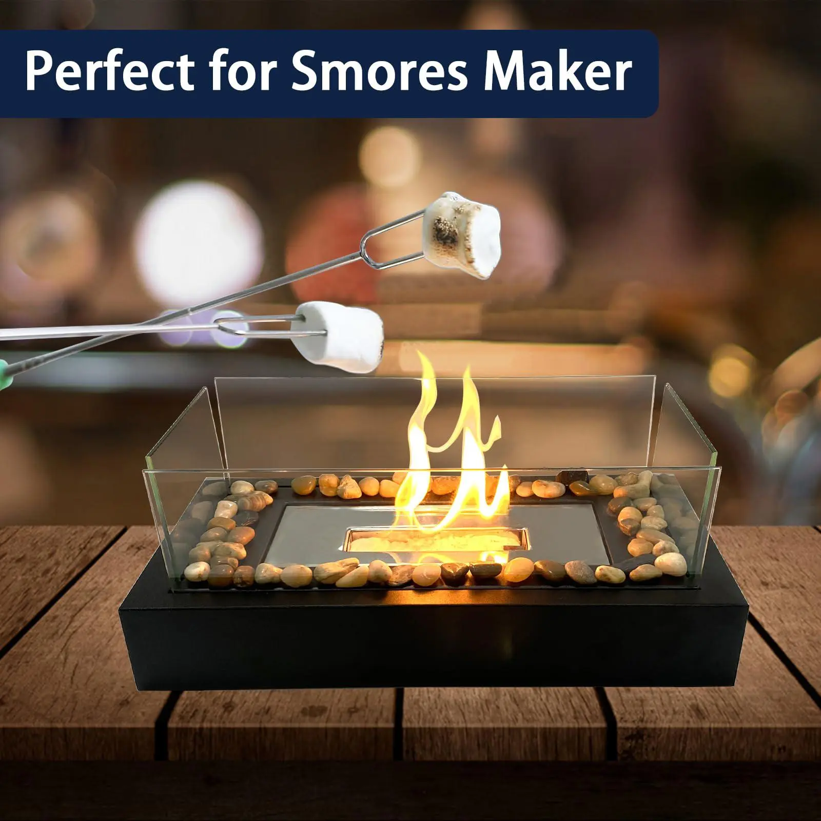 Portable Table Fire Pit, 4-sided Glass Windproof Desktop Fire Pit, Indoor & Outdoor Ethanol Fire Pit for Home Patio & Balcony