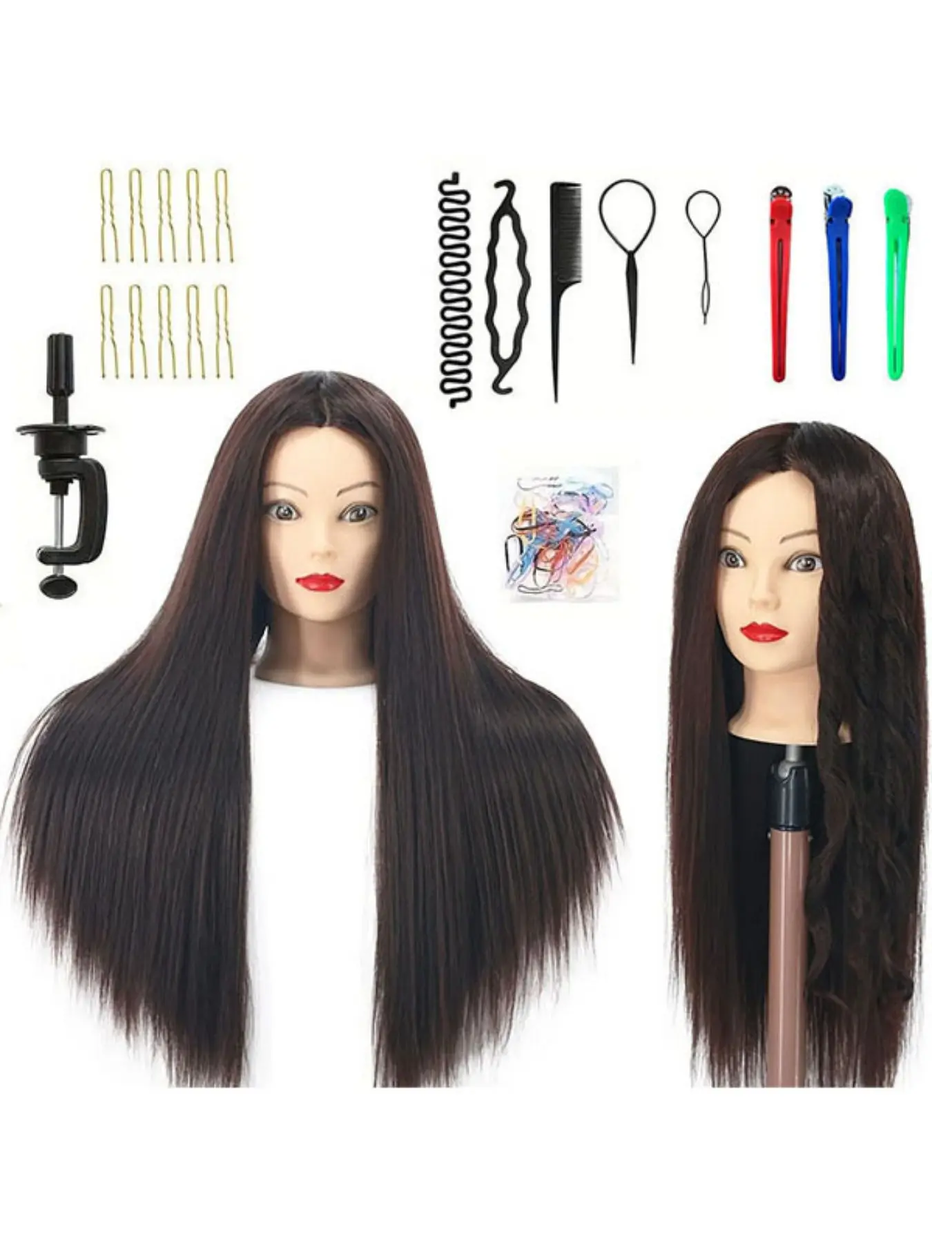 1Pcs 100% Synthetic Hair Styling Mannequin Head with DIY Set and Table Clamp, Hairdressing Tools -Perfect for make-up artists, teenage girls and hairdressers -practising and getting creative