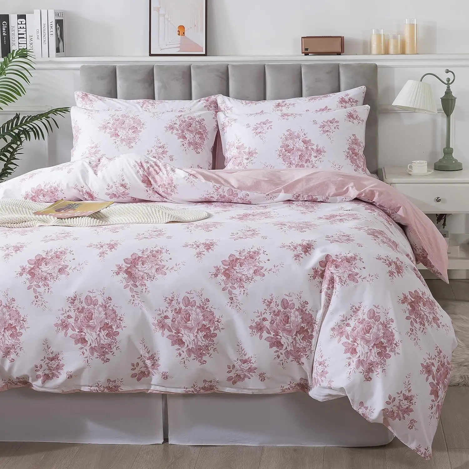 Pink Rose Floral Duvet Cover Sets Twin 100% Cotton Reversible Blush Comforter Cover Luxury Shabby Vintage Bedding All Season Soft Coquette Cottagecore Bedding with Zipper 3Pcs