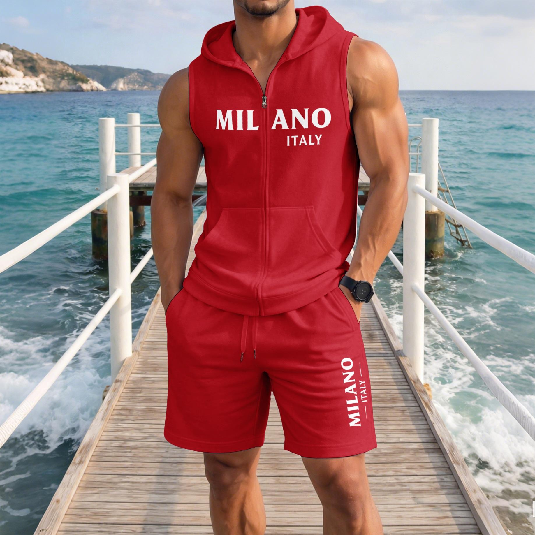 Men's Milano Italy Graphic Sleeveless Hoodie Shorts Set 2 Piece Outfit Milano Letter Print Zip Up Hooded Vest Drawstring Shorts Summer Casual Gym Workout Streetwear Breathable Lightweight Athletic Lounge Set