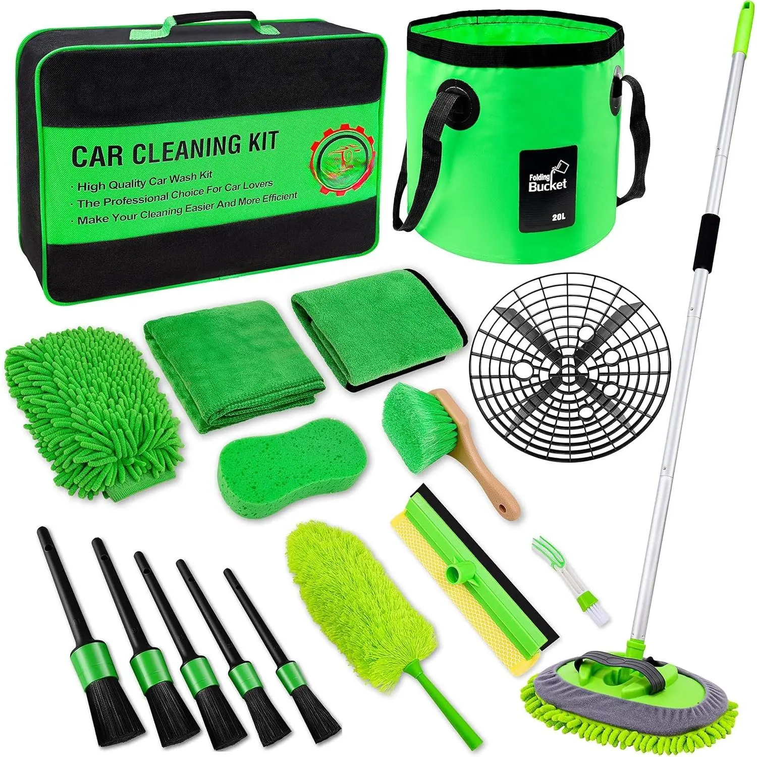 17 count  Wash Kit,62"  Wash Brush Mop with Long Handle, Cleaning Kit, Detailing Brush Set, Wash Bucket, Wheel Brush,Complete Interior  Cleaning Supplies