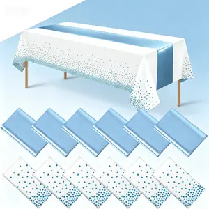 12Pack Disposable Table Cover Set with Satin Table Runner White Light Blue Polka Dot Waterproof Rectangle Tablecloth Elegant Party Supplies for Wedding Baby Shower Engagement Christmas Decorations