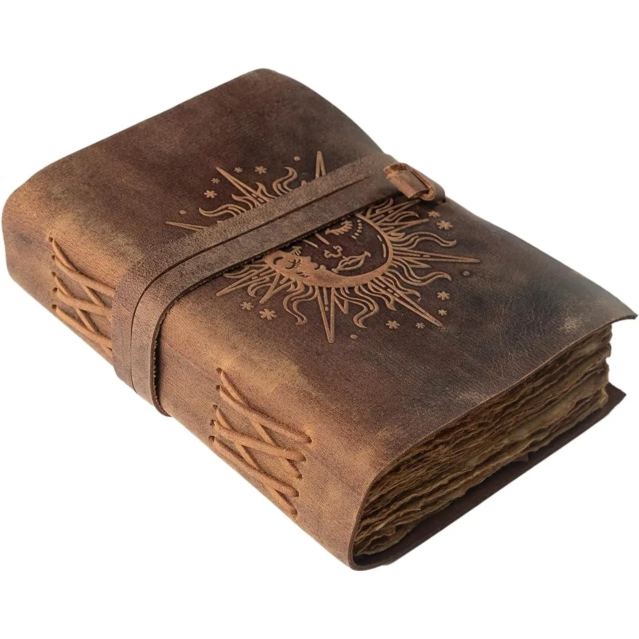 Sun & Moon Embossed  Leather Journal | 240 Pages of Antique  Deckle   Paper, Leather Sketchbook, Drawing Journal,