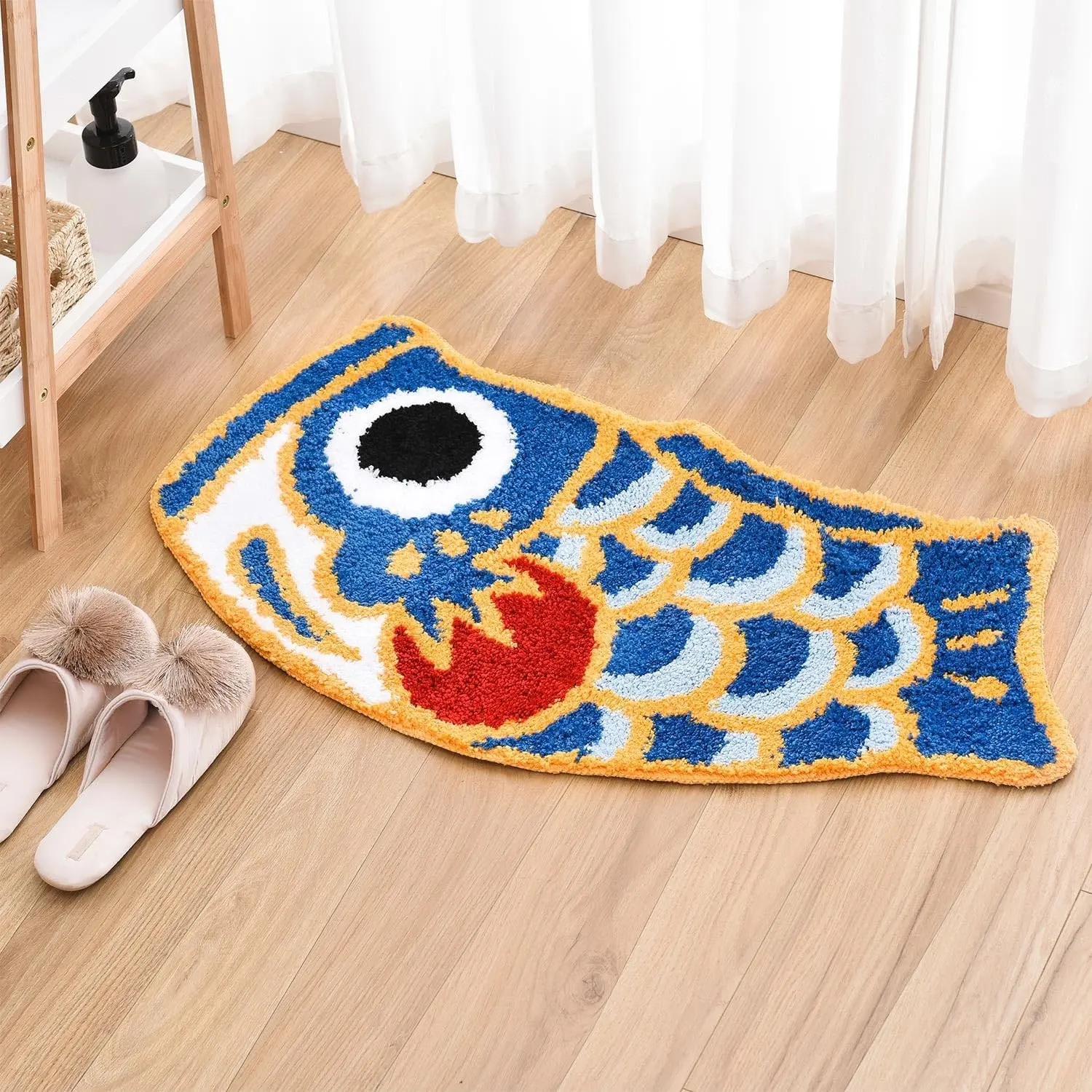 Cute Fish Bath Mat for Bathroom - Japanese Koi Flag Design, Soft, Water-Absorbent, Non-Slip, Machine-Washable, Home Decor, Ideal Gift (Blue)