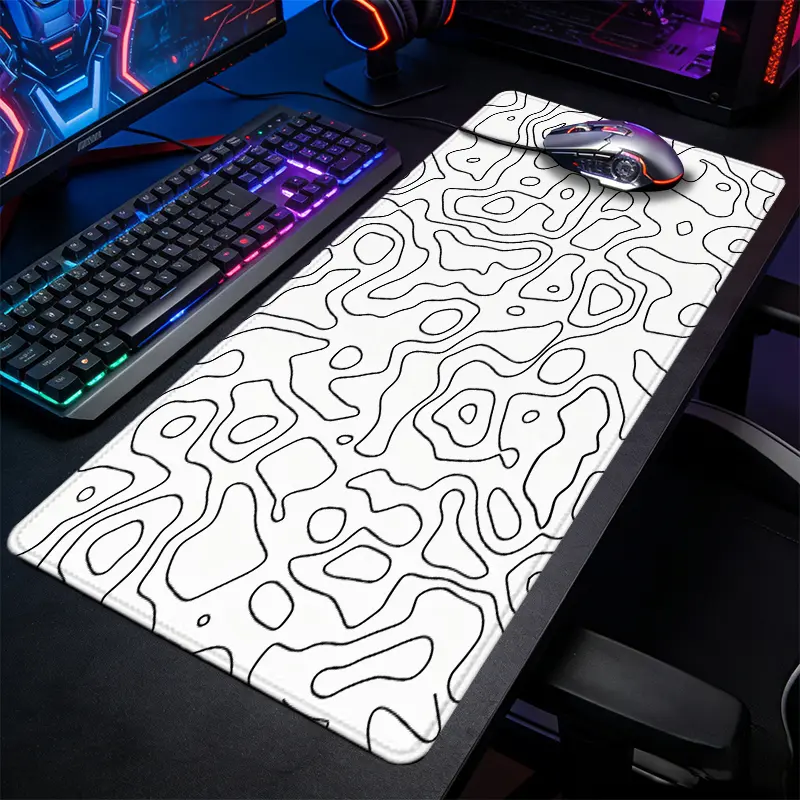 White Topographic Contour Large Extended Gaming Mouse Pad, Computer Desk Mat, Desk Mat, Minimalist Design Desktop Protector, Non-Slip Rubber Lock Edge HD Print, Suitable for Gaming, Hobby Office, Teen Desk & Minimalist Neutral Tech Theme Gift