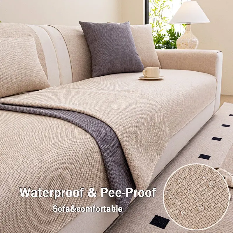 Waterproof Solid Color Cotton-Linen Sofa Cover for Pets and Children, Non-Slip and Durable, Breathable and Soft, for All Seasons, Suitable for 1-5 Seat and L-Shaped Sofas