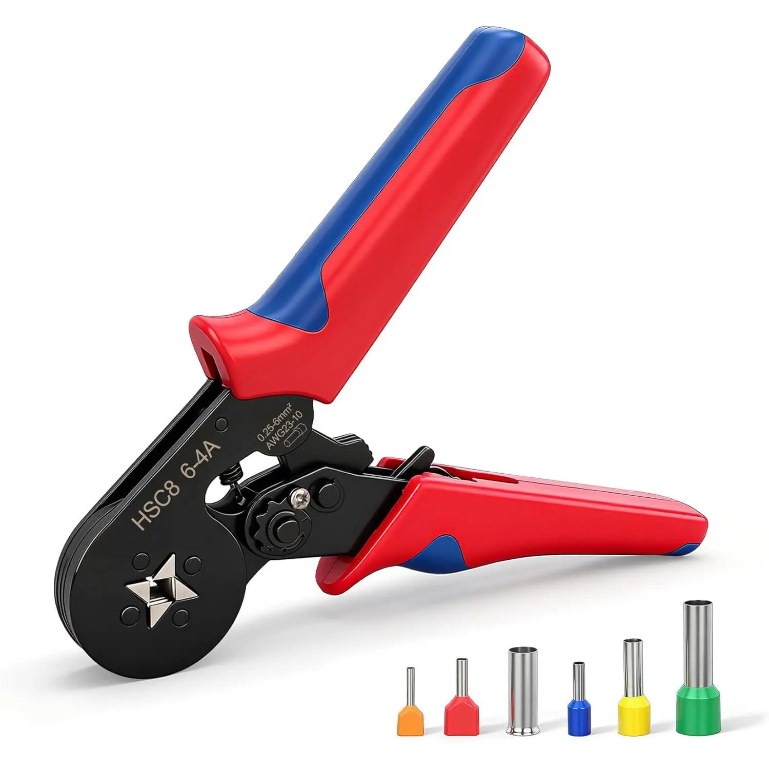HSC8 6-4 Self-Adjusting Compact Crimping Tool - Durable Steel Construction, Precision Square Crimp - for 23-10 AWG Red Ferrules Wire End Sleeves - Ideal for DIY Projects, Industrial Maintenance