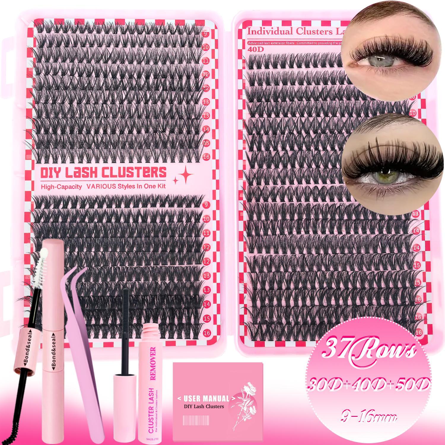 Eyelash Extension Kit, 2-in-1 Lash Bond & Seal with Lash Clusters and Tweezers, Reusable DIY Lash Clusters for Beginners at Home, Eyelash Glue & Tools Included, Eyelash Fixer, Eyelash Extension Set