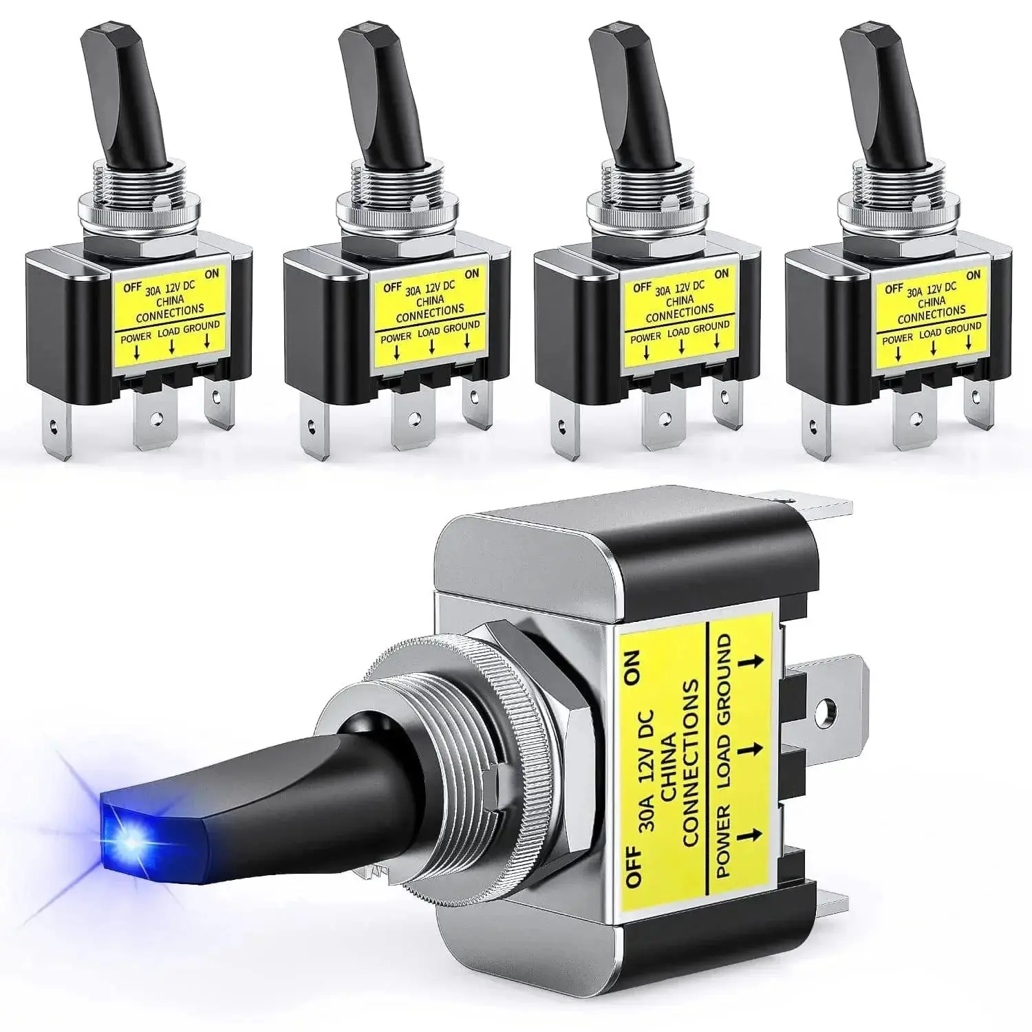 Nilight 5-Pack 3-Pin SPST Blue LED Toggle Switch - 30A Rating, Metal Body, Copper Blade Terminals, 12V-24V DC, 1.12*0.63*2.21 in, for Vehicle Electrical Equipment, Cars, Trucks
