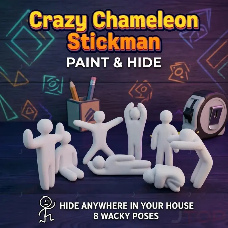 8pc Unpainted Chameleon Stickman Figurine Set, Paint & Hide Style Blank DIY Miniature, 8 Wacky Poses Camouflage Craft Statue
