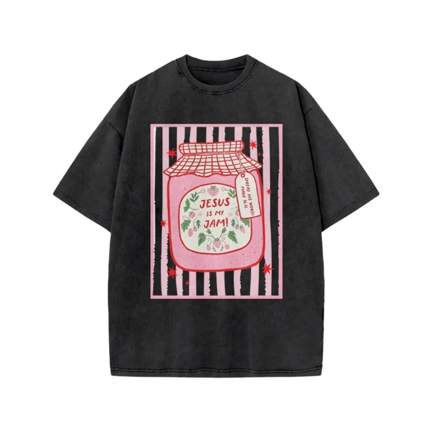Oversized Tshirt Women Vintage Graphic Tees, Vintage T Shirts Humor Graphic Tee, Unisex Jesus Is My Jam Mark 16:15 Acid Washed Retro Graphic T Shirts Women, Breathable Soft Fabric Striped Casual Vintage Menswear Top, Camisetas de Mujeres