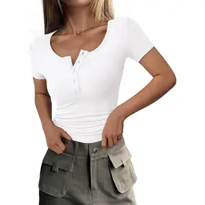 Womens 2026 Summer Short Sleeve Tops Ribbed Henley Button Slim Fit Basic Casual T Shirts Blouse Fashion Clothing
