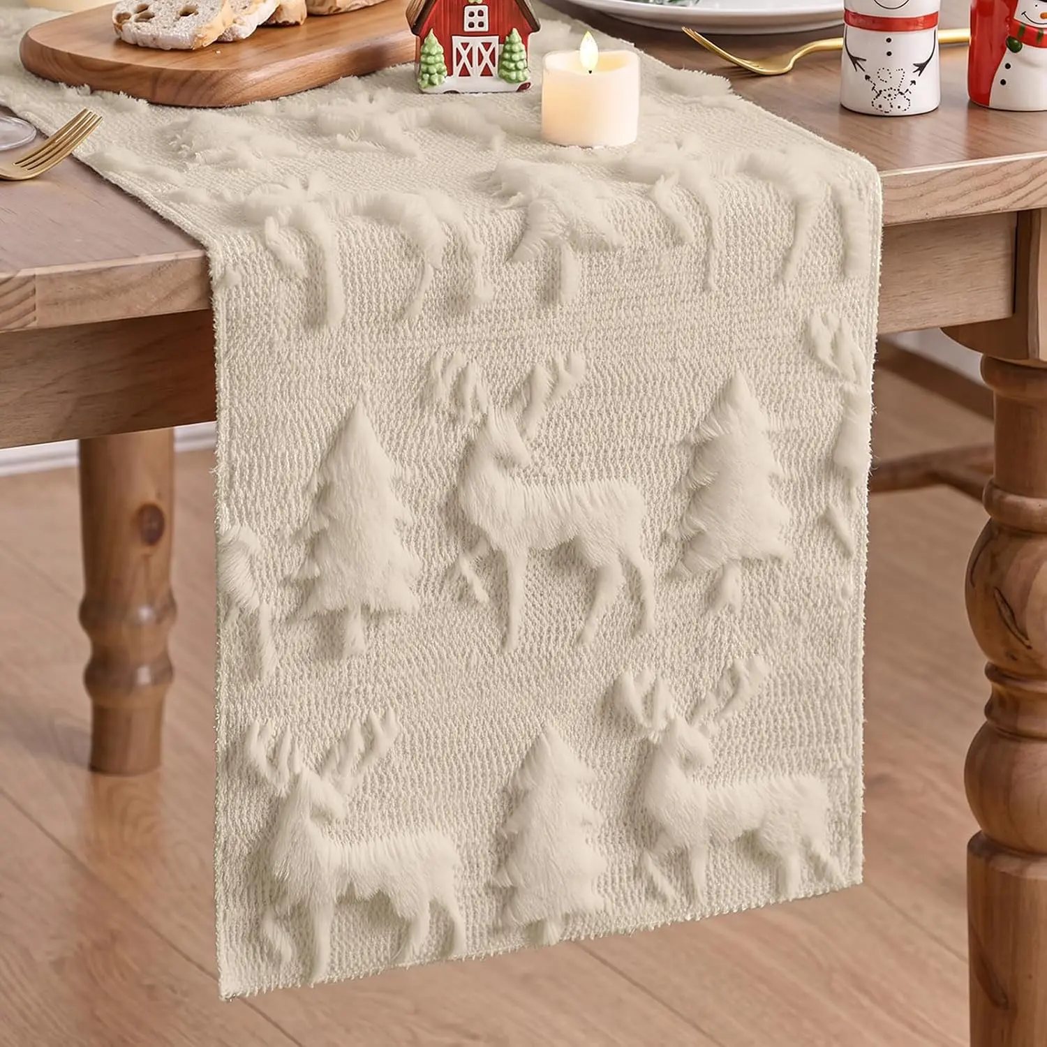 Cream White Christmas Tree  Table Runner 13 x 72 Inch Christmas Soft Plush Faux  Jacquard Table Runner Xmas Holiday Decoration for  Dining Party Decor Kitchen Indoor Outdoor