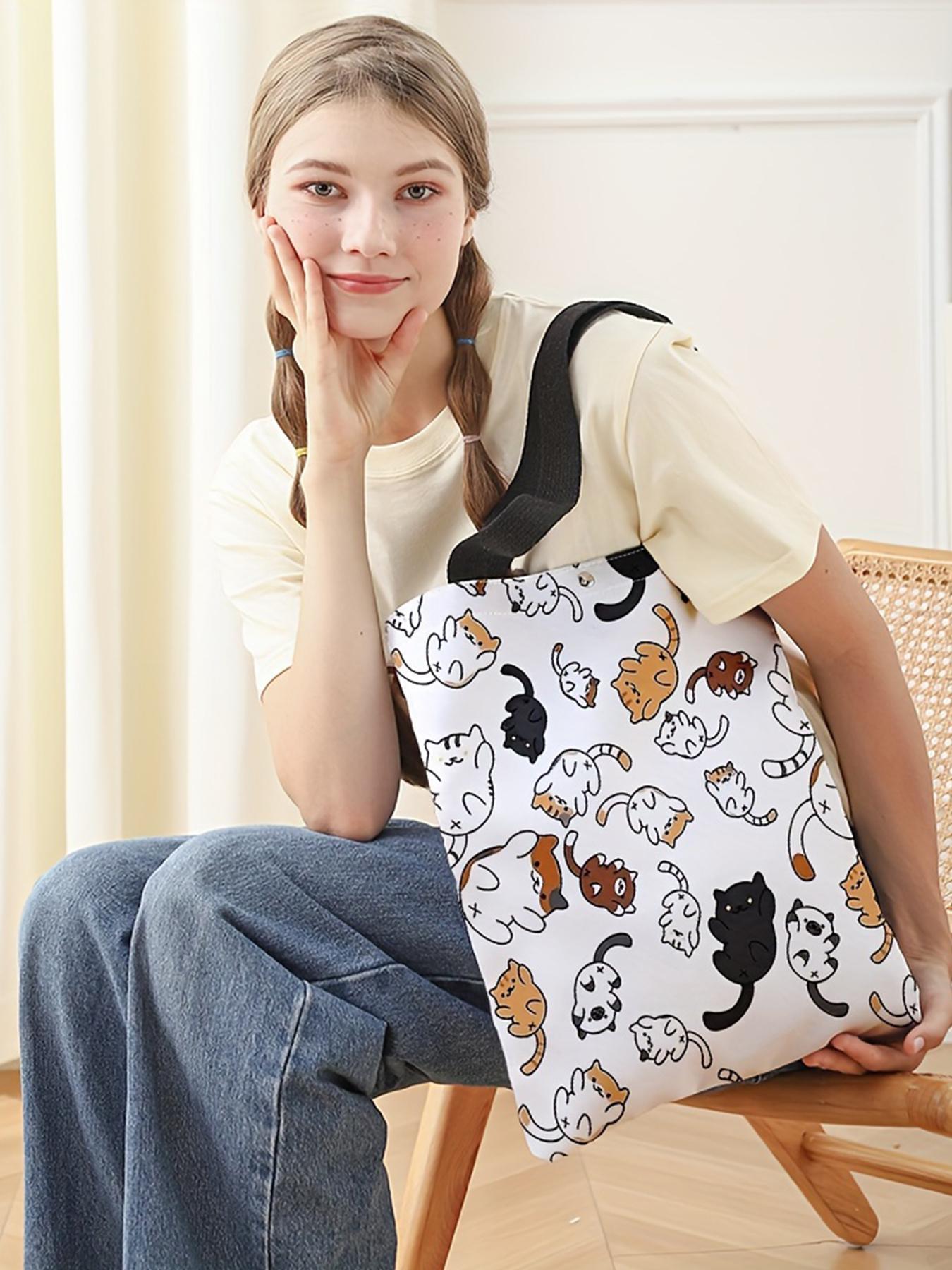 Cute Cartoon Cat Pattern Tote Bag, Fashion Tote Bag, Casual Versatile Storage Bag for Women & Girls, Trendy All-match Bag for Daily Shopping Office and Various Occasions, Fashionable Patterned Bag, Cute Tote Bags