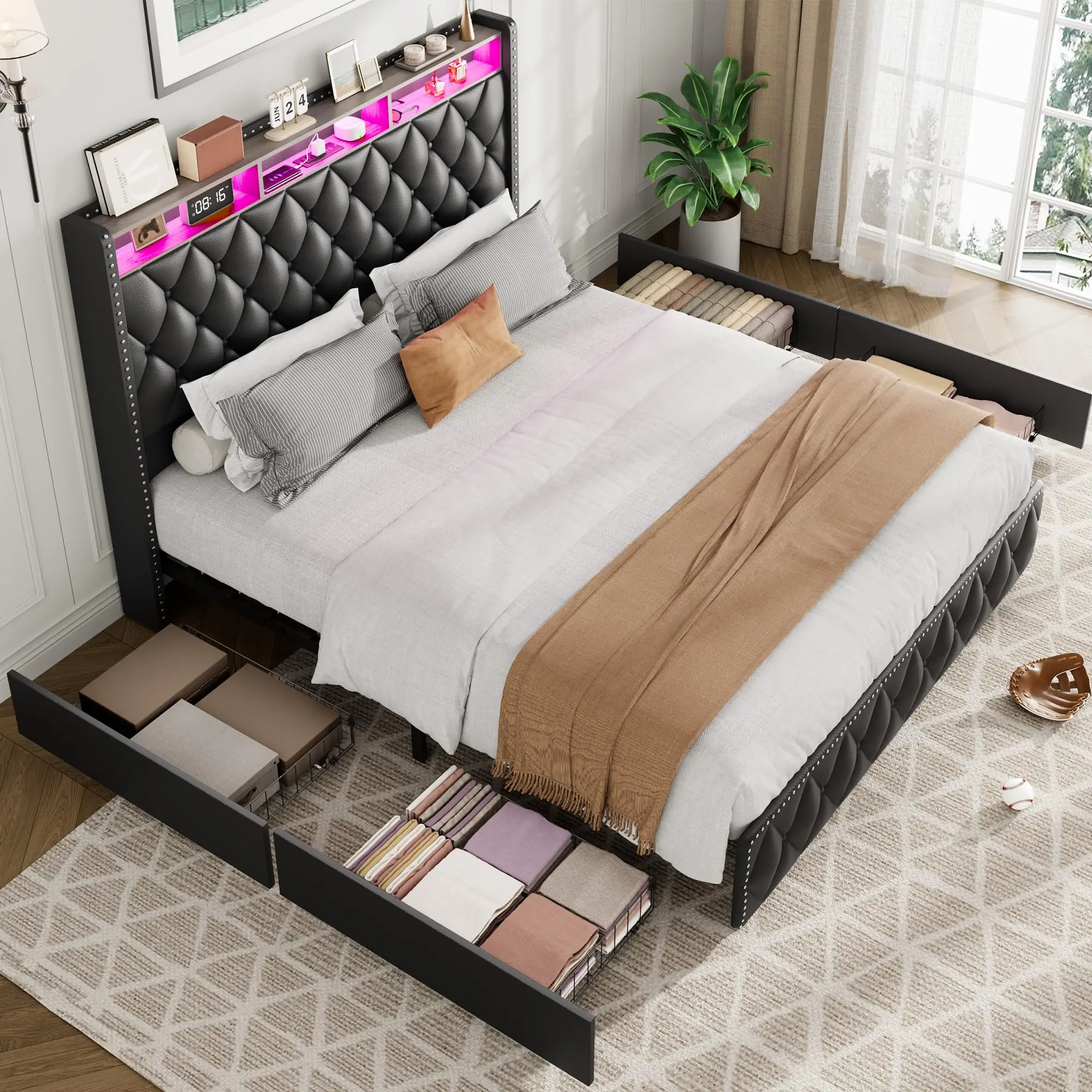 Upholstered Platform Bed Frame - Tall Soft Headboard, 4 Storage Drawers, USB Charging, LED Lights, Noise-Free, No Box Early Season Needed - Easy Assembly - Modern Bedroom Furniture - Beige or Grey
