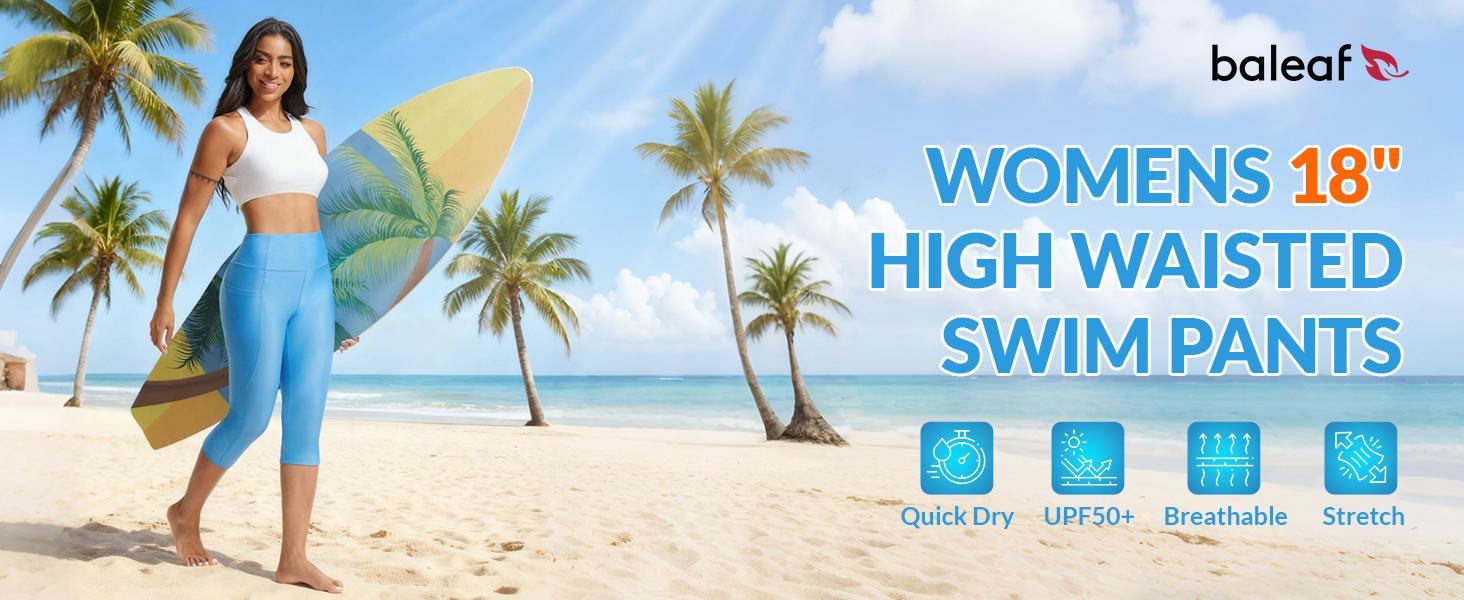 Baleaf Womens 18 Inch High Waisted Swim Capris UPF 50 Sun Protection Swim Tights With Built In Liner And Pockets For Water Aerobics