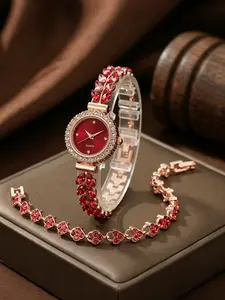 Women's Fashion 2-Piece Watch Jewelry Set, Rose Gold Wheat Heart Watch Bracelet, Perfect Gift for Mom, Wife, Girlfriend