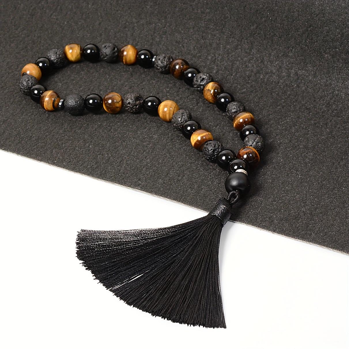 Handcrafted Bracelet Featuring 33 Beads Made of 10Mm Black Agate And Tiger'S Eye, Designed for Islamic Prayer And Pilgrimage. This Natural Stone Misbahah Serves As a Beautiful Accessory for Both Men And Women