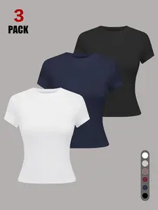 3 Pack Crew Neck Fitted Short Sleeve Crop T-Shirts for Women, Ultra-Stretchy Soft Breathable Knit, Casual Yoga Streetwear, Breathable Tops