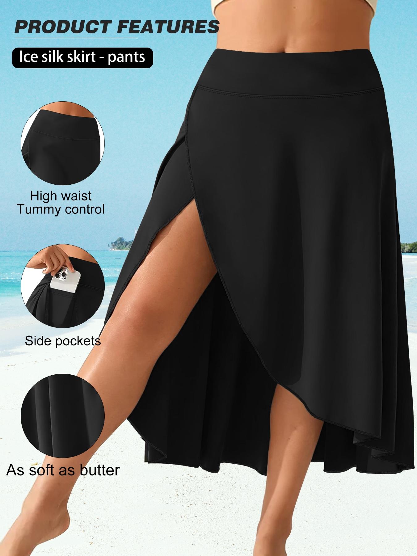 【Plus Size】 Solid Color Side Split Skirt, Casual Comfy High Waist Midi Skirt for Daily Wear, Women's Bottoms for Summer, Casual Comfy Skorts, High Waisted Skorts