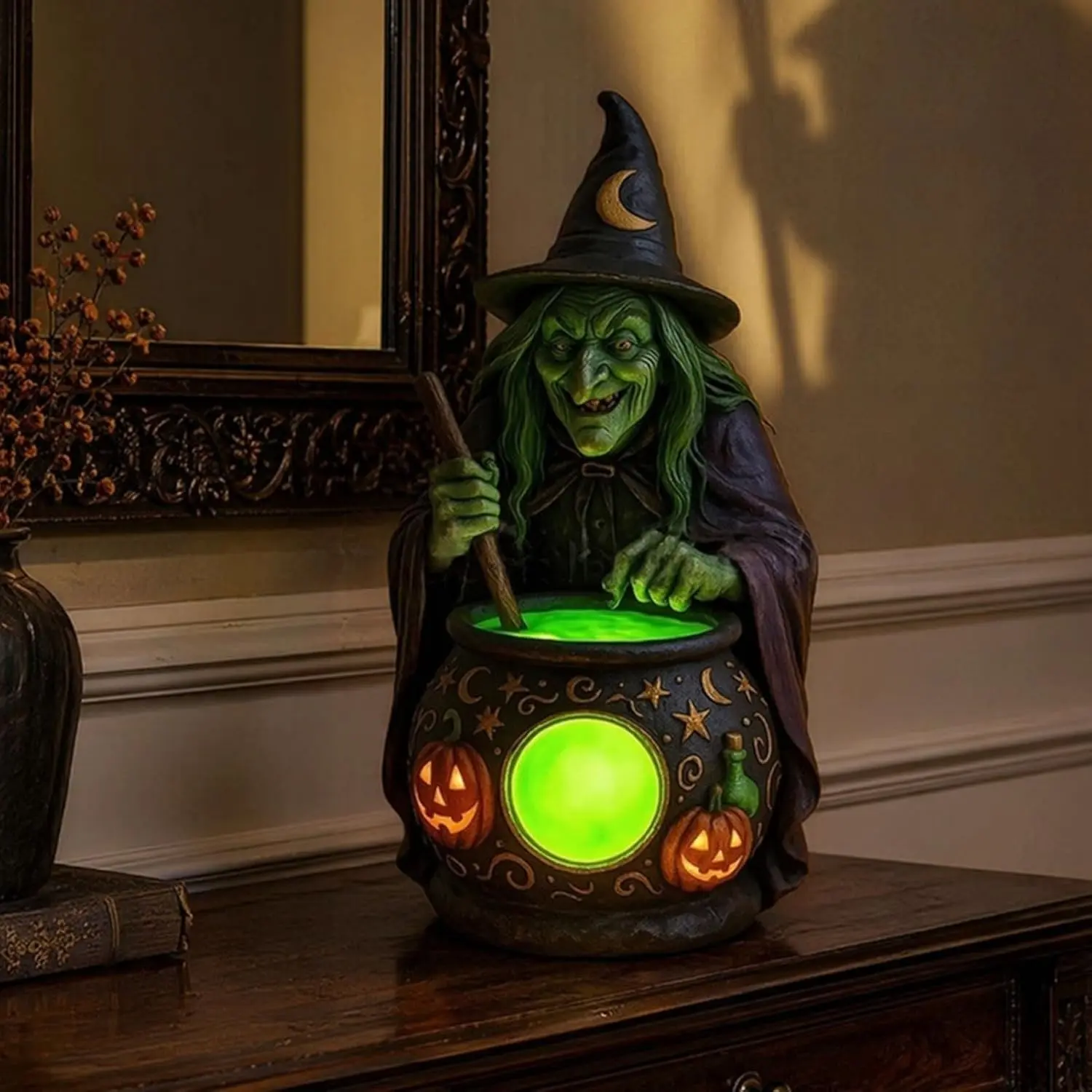 Halloween Witch Cauldron Lamp Decoration, Resin Glowing Witch Cauldron, Halloween Festival Home Decor, Fireplace Shelf Ornament
