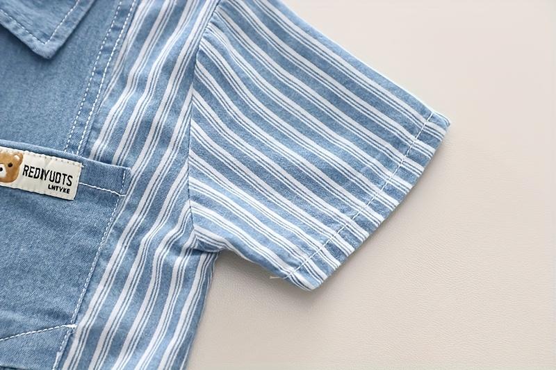 NewBoys' Casual Fashion 2pcs Set, New Summer Style Boys' Short-Sleeve Denim Outfit with Vertical Pockets and Bear Head Design, Perfect for Outdoor(Gift)11