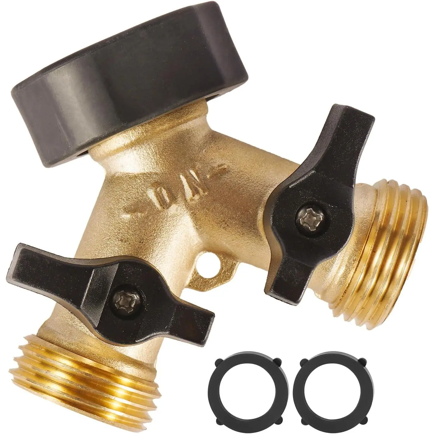 Garden Hose Splitter 2 Way Heavy Duty, Easy Grip Handle | Brass Hose Y Splitter with Shutoff Valve, Water Spigot Outdoor Faucet Splitter Y Adapter with 2 Extra Rubber Washers