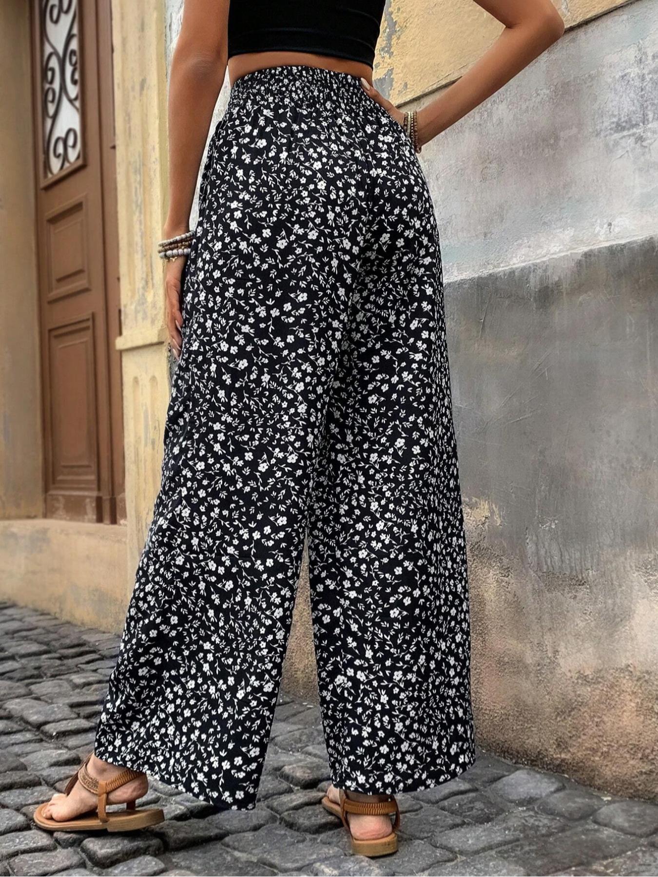 Plus Size Ditsy Floral Print Shirred Tie Front Wide Leg Pants, Boho High Waist Trousers for Beach Vacation Holiday, Women's Bottoms for Summer