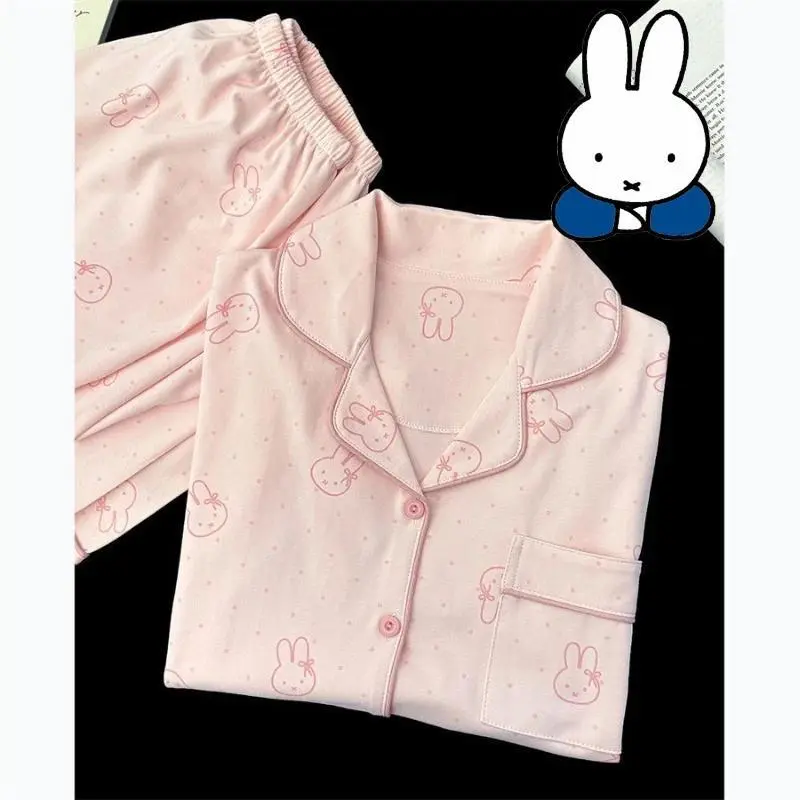 Cute Miffy Sleepwear Set for Women Soft Cotton Long Sleeve Pajamas with Adorable Rabbit Cozy Home Clothes Spring & Autumn