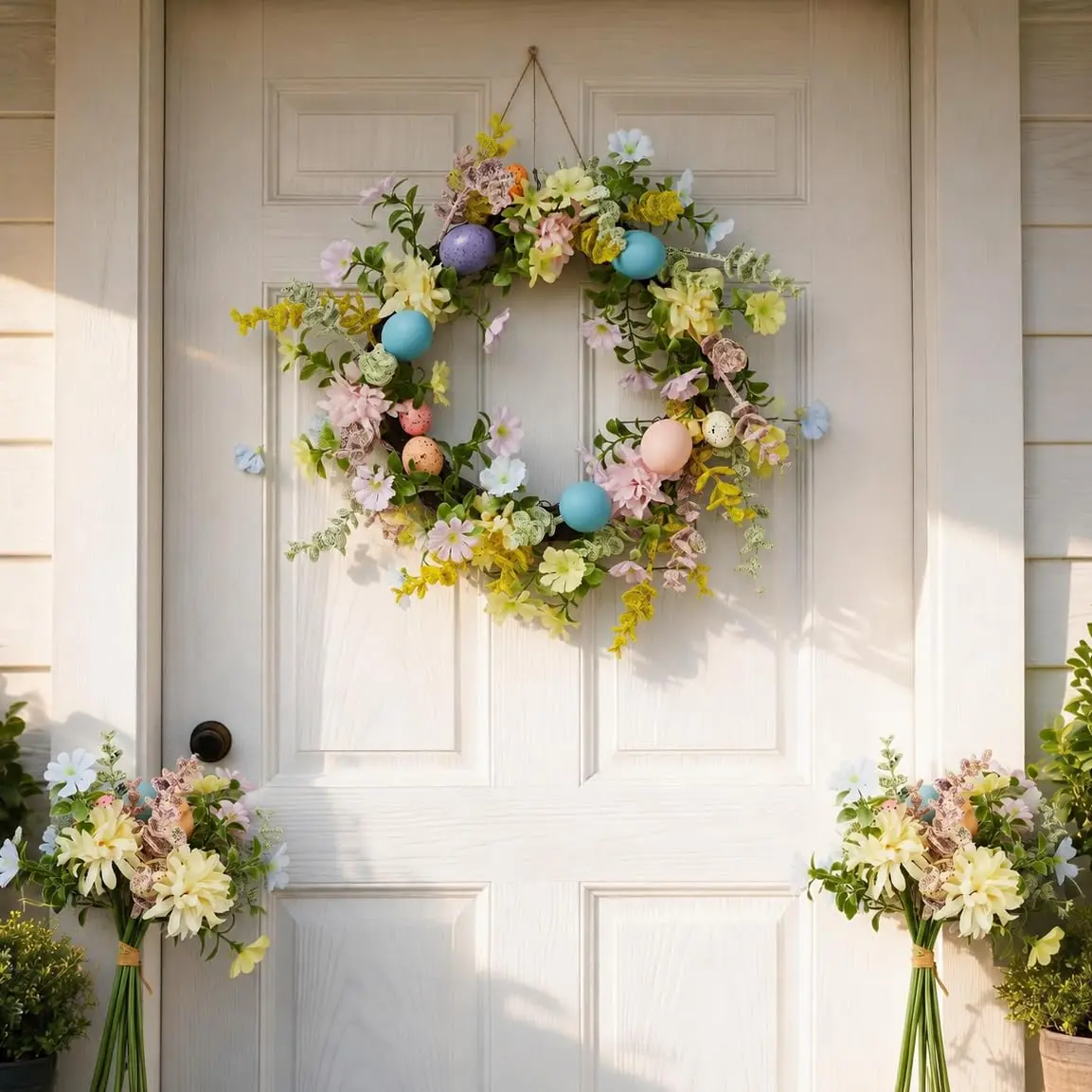 18-24 in Farmhouse Easter Front Door Wreath, Fluffy Spring Flower Wreath with Easter Eggs, Greenery, Real Rattan Base & 2 Matching Bouquets, Lightweight Festive Home Decoration