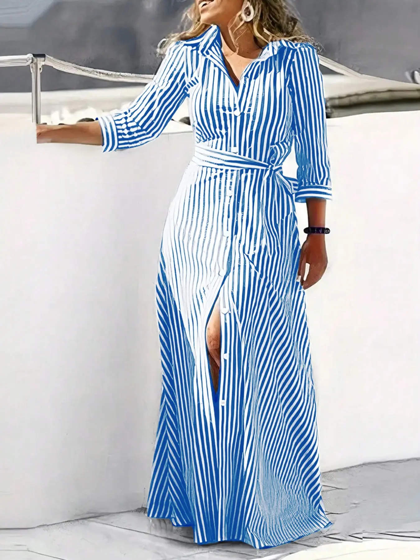 Women's Vertical Stripe Long Shirt Dress, Collar Button Design, Self-Tie Waist Belt, Casual Split Hem, Ideal for Daily Wear and Vacation