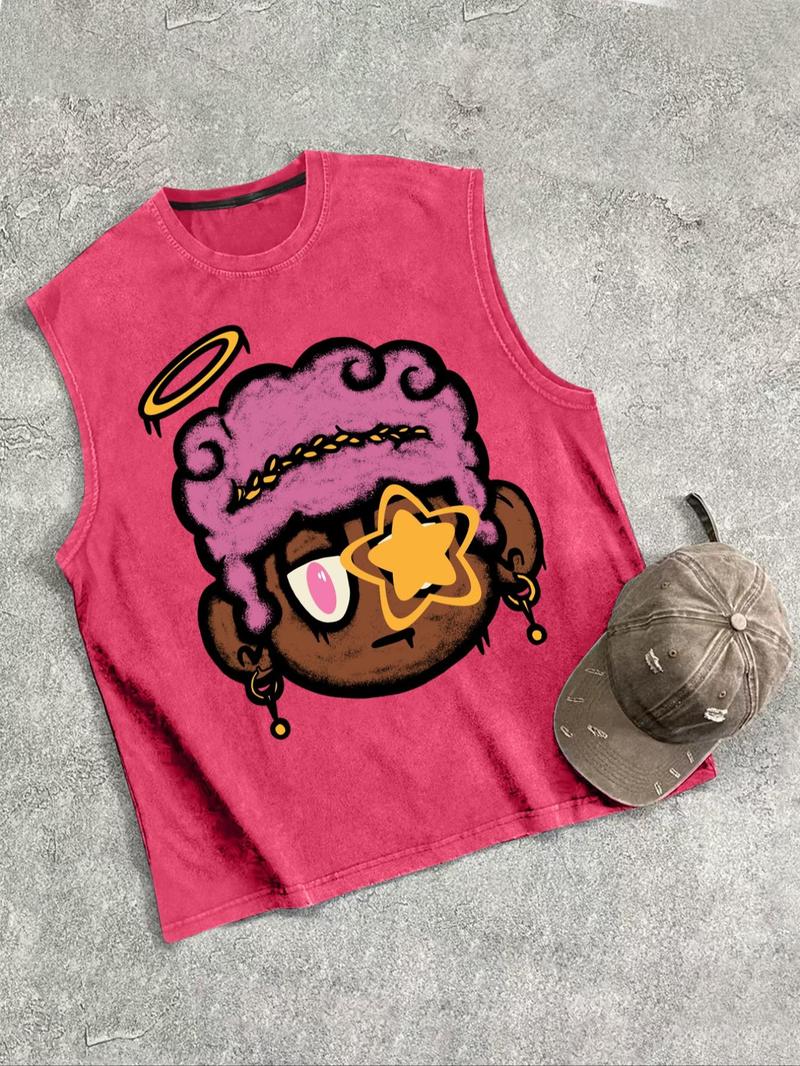 Men's Cartoon Print Tank Top, Regular Fit Casual Fashion Sleeveless Vest Top for Summer, Men's Clothes for Daily Wear, Clothing, Cotton Summer Tank Tops, Breathable Tank Tops